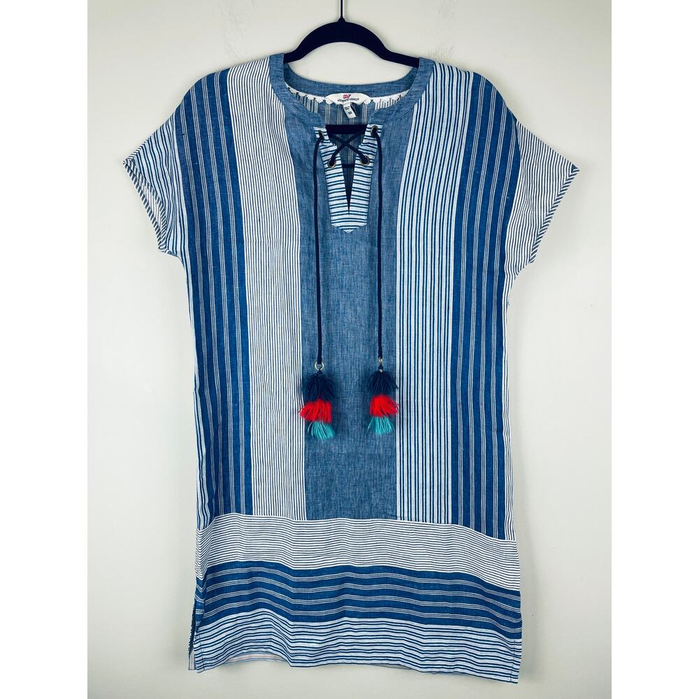 Vineyard Vines Stripe Mix Tassel Linen Shift Dress Blue White Sz 00 2Q2215